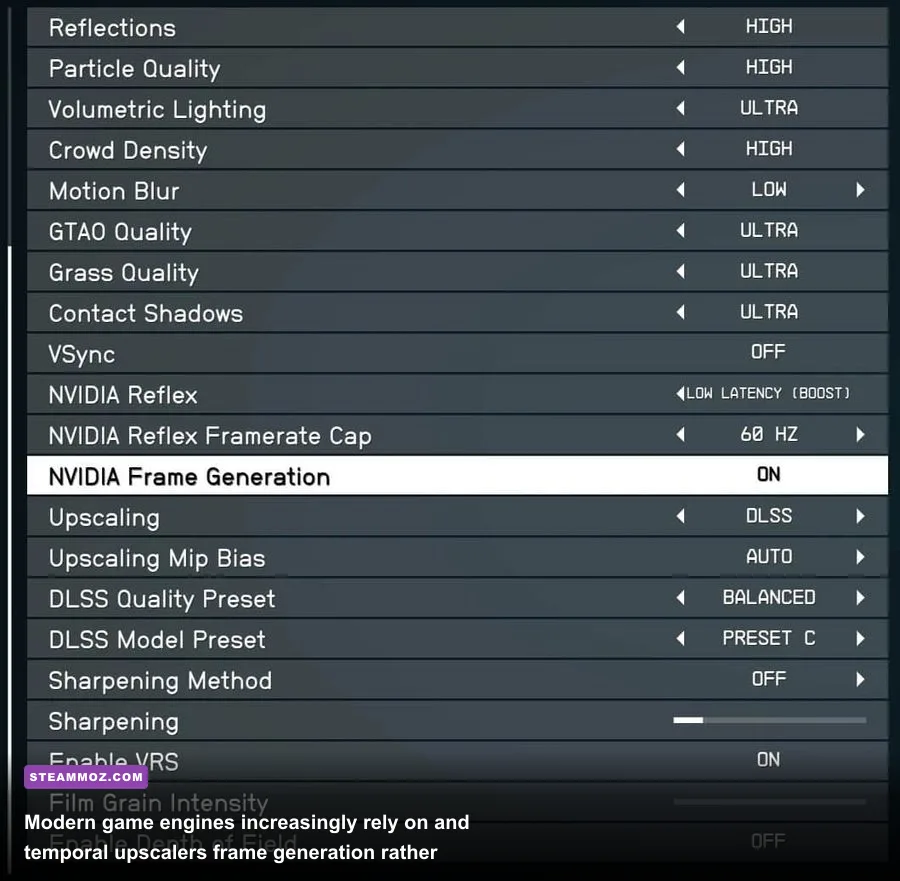 In-game graphics settings menu displaying ray tracing, DLSS, and frame generation options
