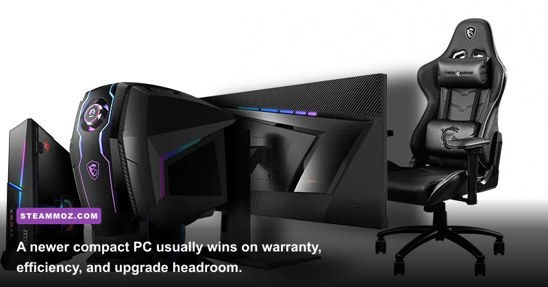MSI Trident X beside a modern compact gaming desktop for a hardware comparison