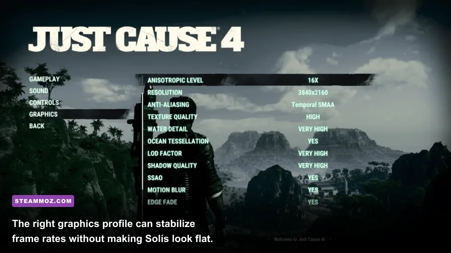 Just Cause 4 Reloaded graphics settings menu showing performance options