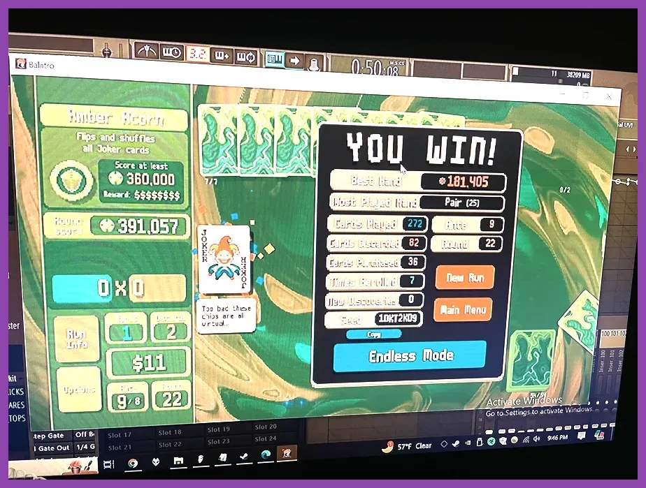 Balatro victory screen showing Gold Stake completion on Plasma Deck