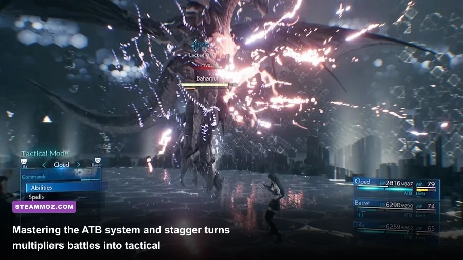 Tifa Lockhart and Cloud executing stagger combos against a robotic Shinra boss in FF7 Remake