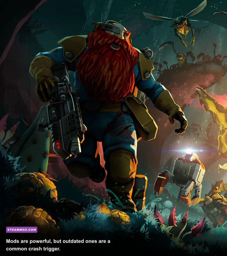Deep Rock Galactic mod browser showing enabled gameplay and cosmetic mods