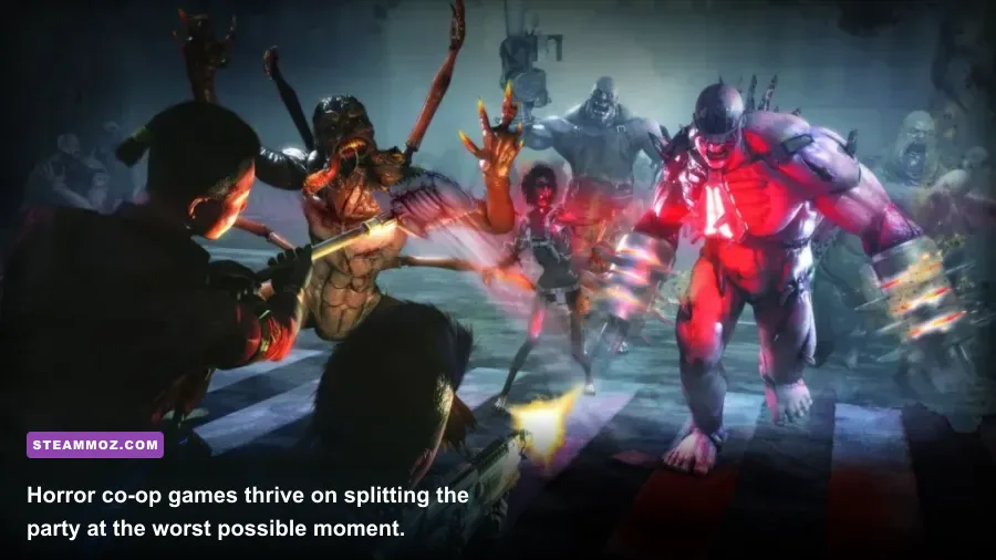 A tense horror co-op scene with four players exploring a dark corridor
