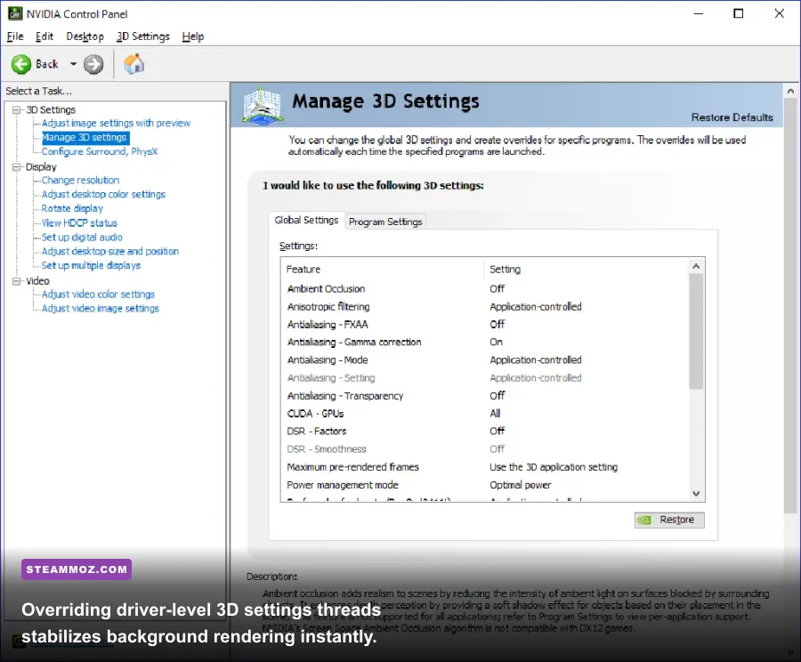Nvidia Control Panel 3D settings menu highlighting frame rate cap and low latency