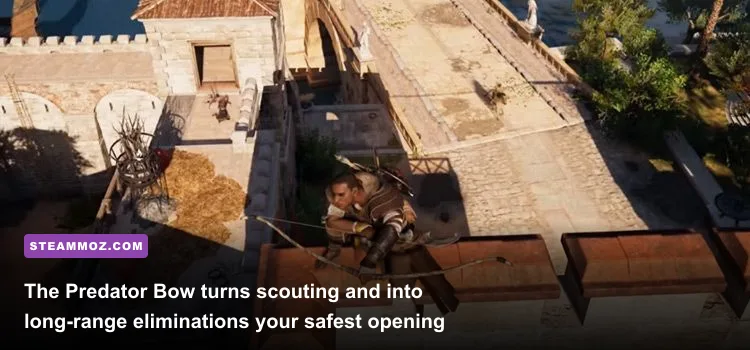 Bayek using a Predator Bow to scout and eliminate enemies at an Egyptian outpost