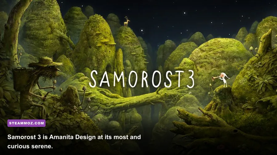 Samorost 3 protagonist exploring a hand-painted cosmic forest