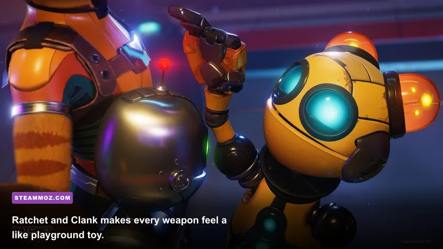 Ratchet and Clank Rift Apart gameplay showing colorful weapons and a dimensional rift