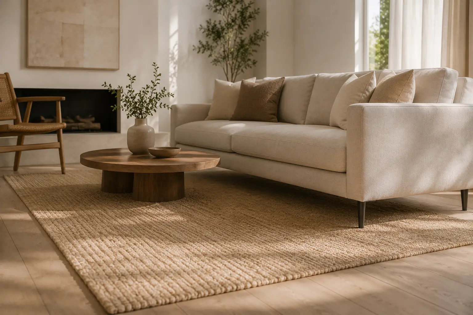 Space-saving L-shaped sectional and an oval coffee table in a narrow, expertly arranged living room.