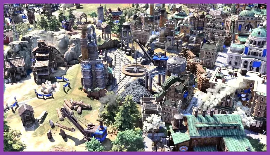 A city district featuring a forge and workshop upgrade in Civilization 7