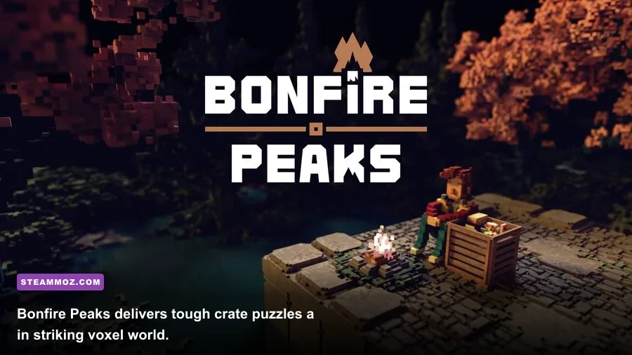 Bonfire Peaks voxel character carrying a box toward a campfire