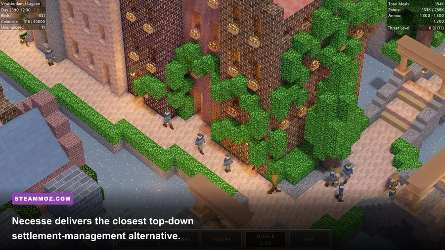 Necesse settlement with NPC workers, farms, walls, and defensive structures