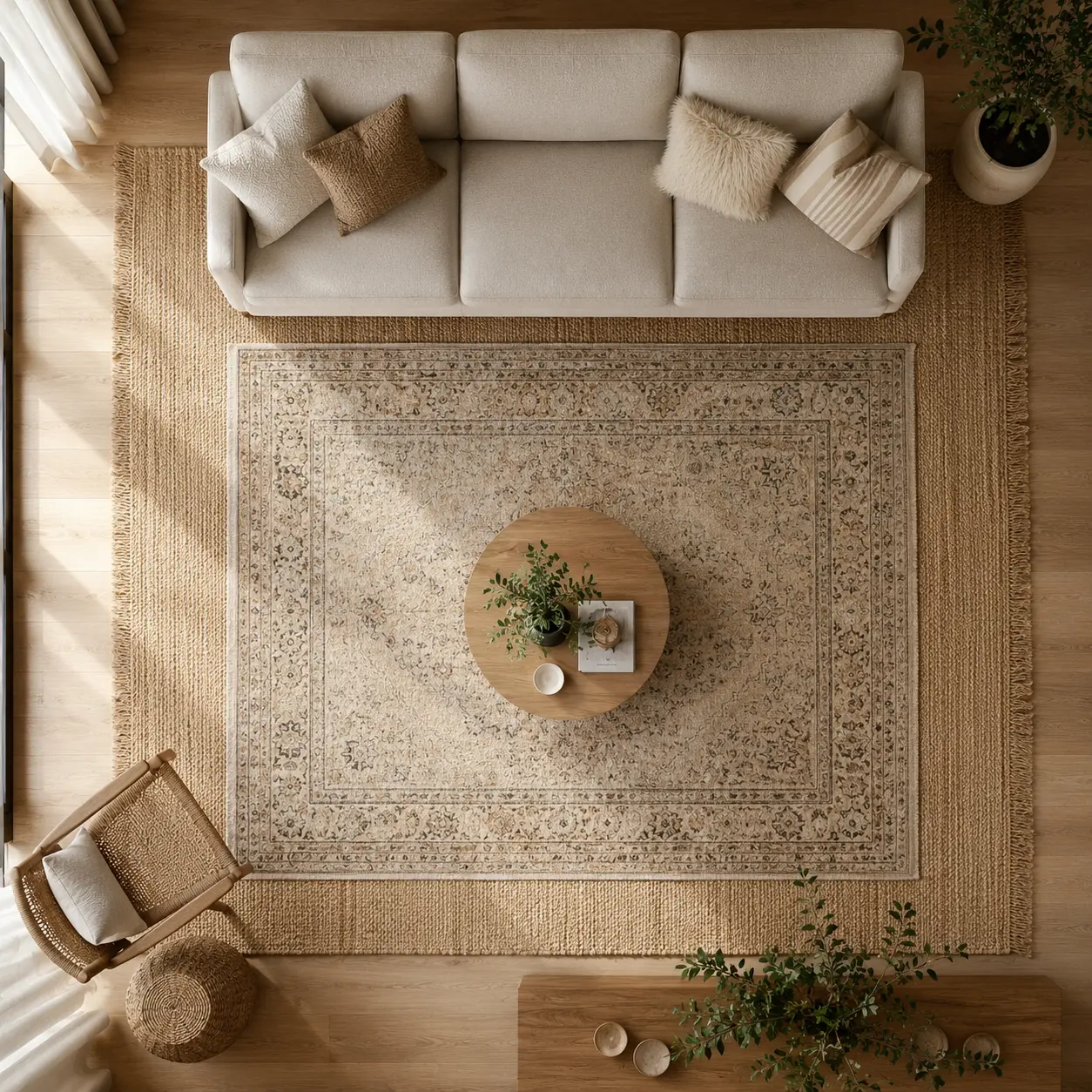 base rug and smaller accent rug layered showing visible border on all sides