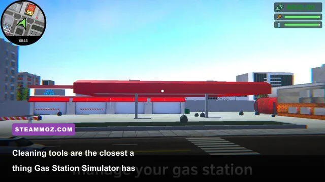 Gas Station Simulator cleaning tools including broom and trash picker inside the station