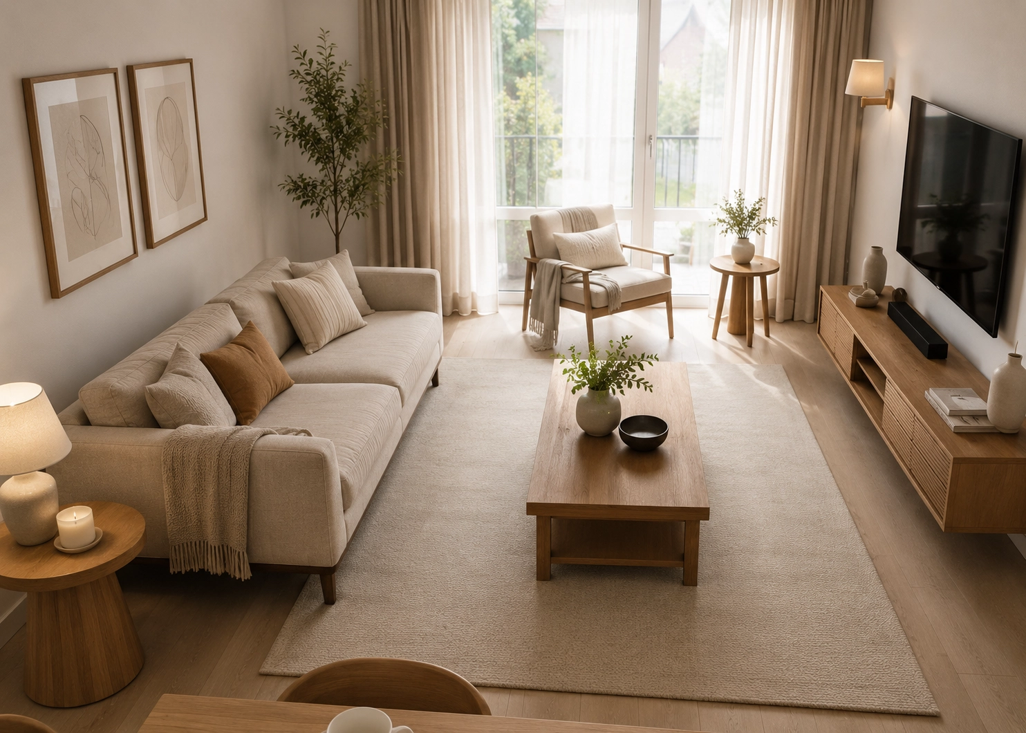 Standard living room dimensions showing ergonomic furniture spacing between a modern sofa and coffee table