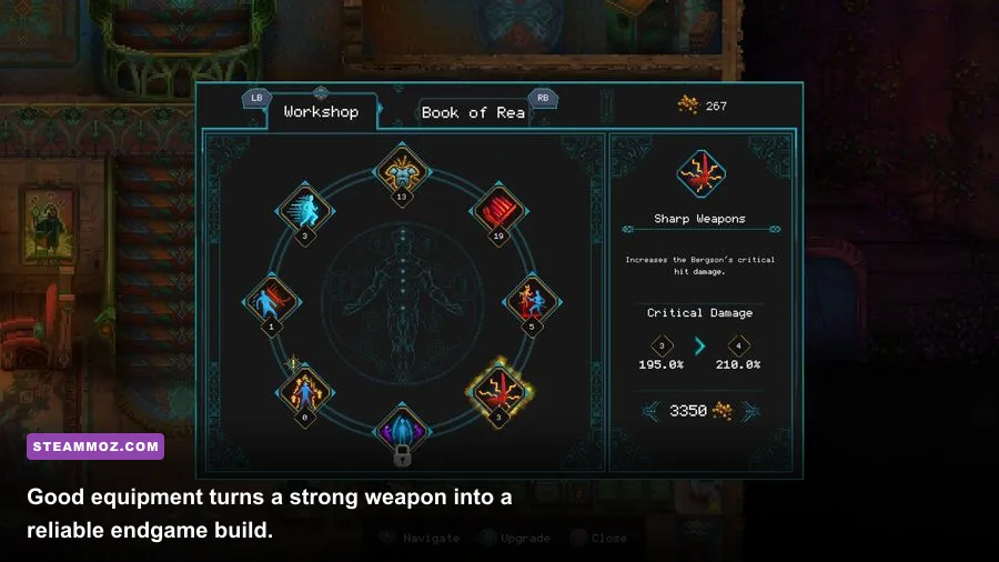 Children of Morta Ancient Spirits dungeon run showing character equipment and combat effects