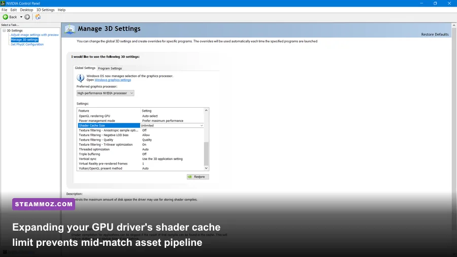 Nvidia Control Panel Shader Cache Size configuration set to high capacity