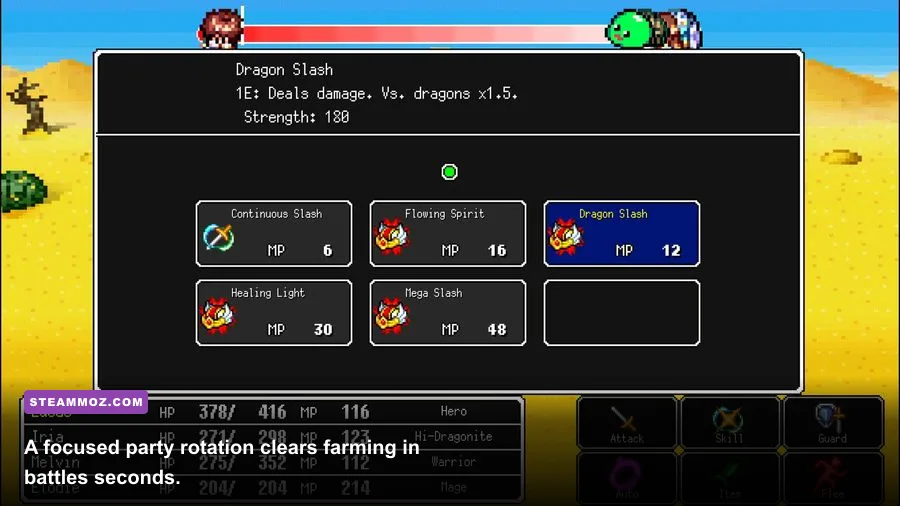 Dragon Lapis heroes using skills during a turn-based combat encounter