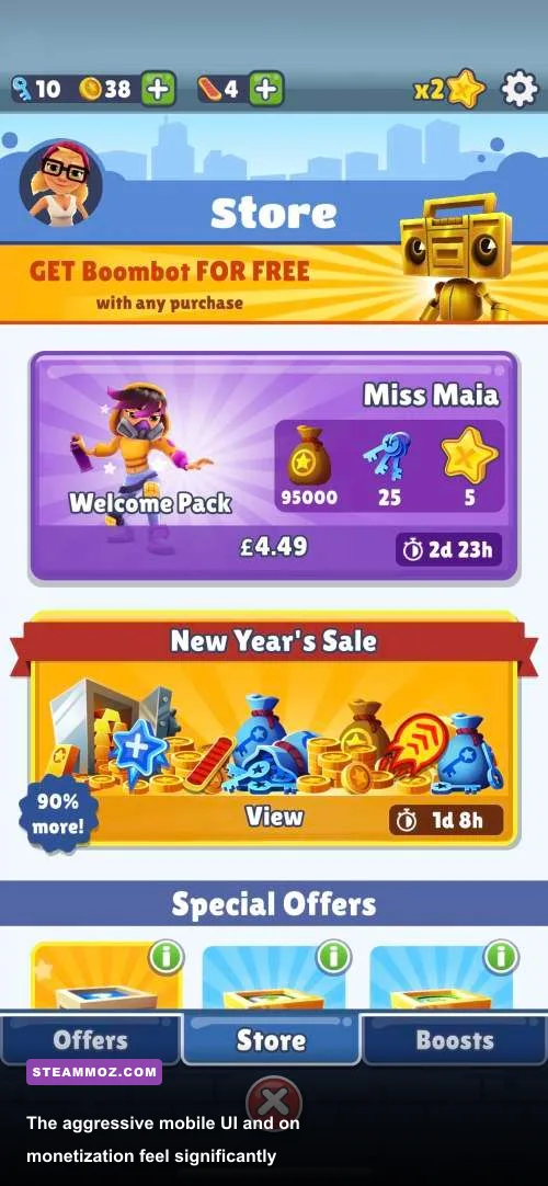 In-game menu interface highlighting season pass and cosmetic purchases in Subway Surfers