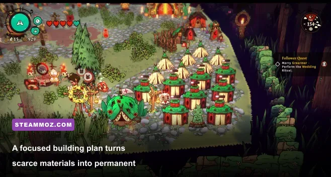 Cult of the Lamb cult settlement with upgraded resource buildings