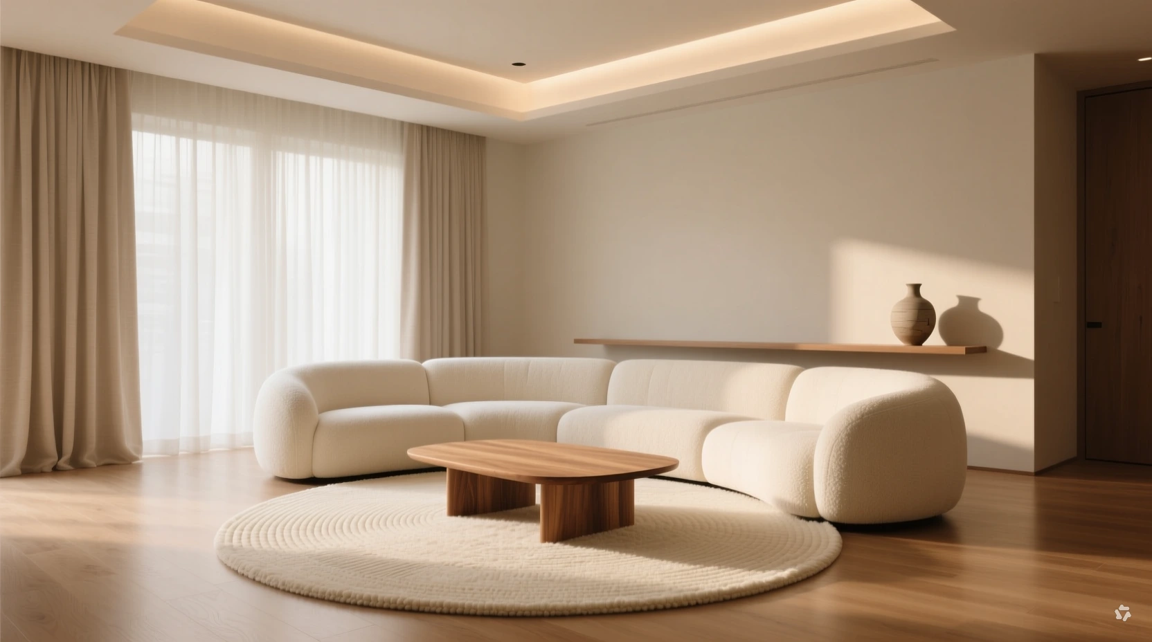 round area rug centered under a curved sectional sofa