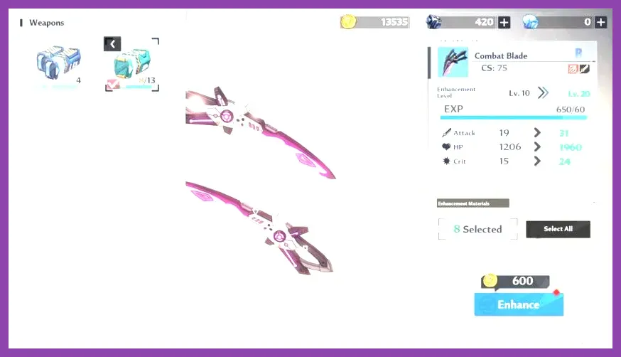 Tower of Fantasy weapon enhancement and advancement screen