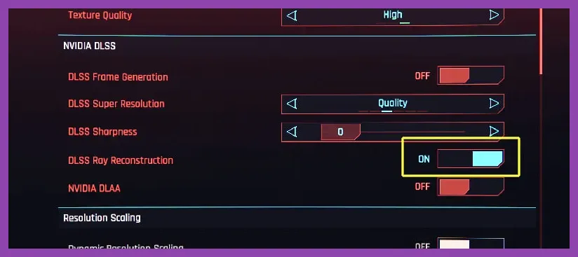 Cyberpunk 2077 DLSS and Ray Reconstruction menu options