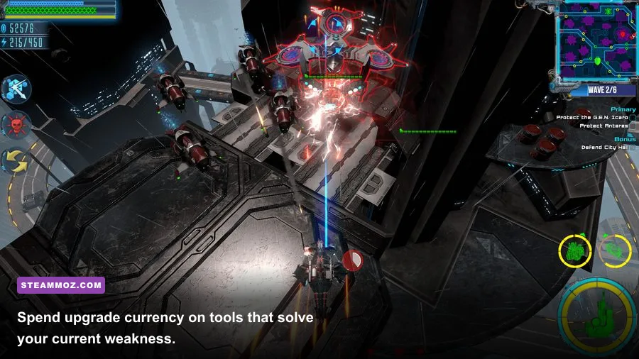 Excubitor ship upgrade screen showing weapon and defensive improvements