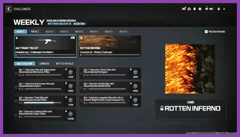 Warzone Mobile Challenges menu showing daily and seasonal objectives