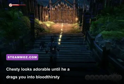 Fable 2 player approaching the creepy sentient chest named Chesty in a dark room