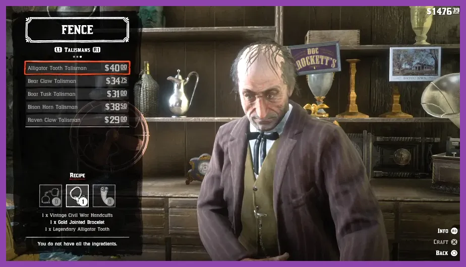 Bear Claw Talisman and other RDR2 trinkets displayed in a Fence crafting menu