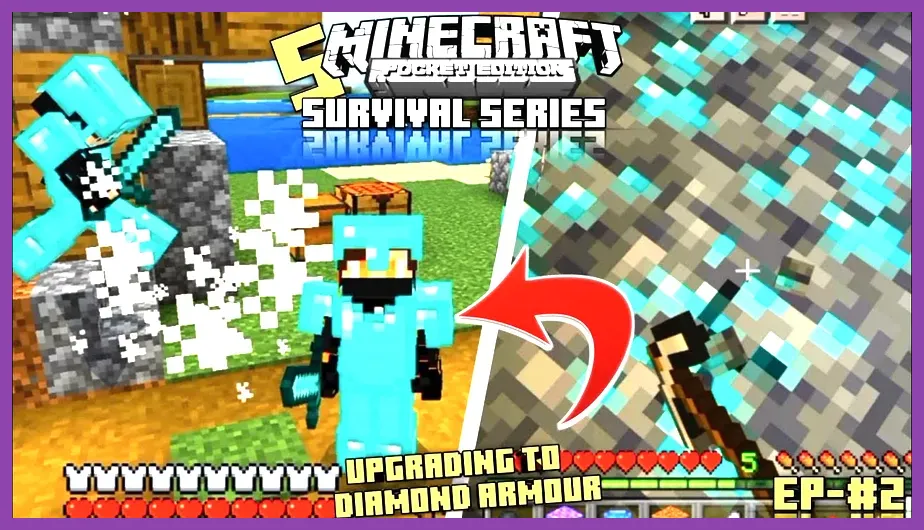 Player equipped with full diamond gear ready for combat in Minecraft PE