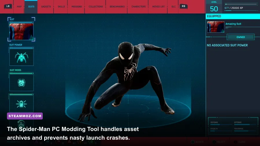 Spider-Man PC Modding Tool interface showing installed asset mods