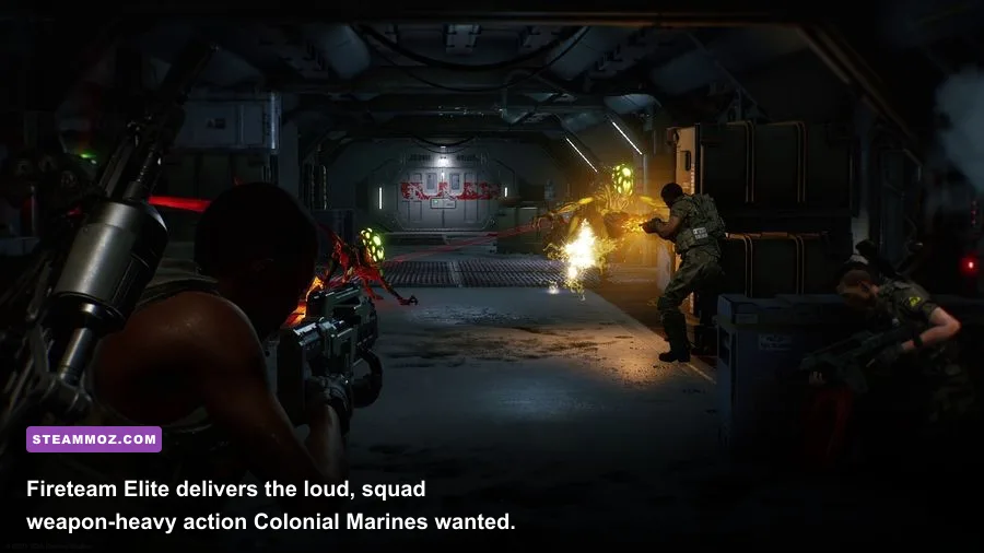 Colonial Marines fighting a Xenomorph swarm in Aliens Fireteam Elite