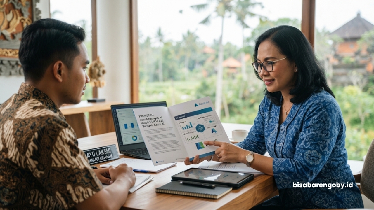 Manajer keuangan meninjau proposal jasa AI Finance untuk UMKM di Bali berbasis Azure AI