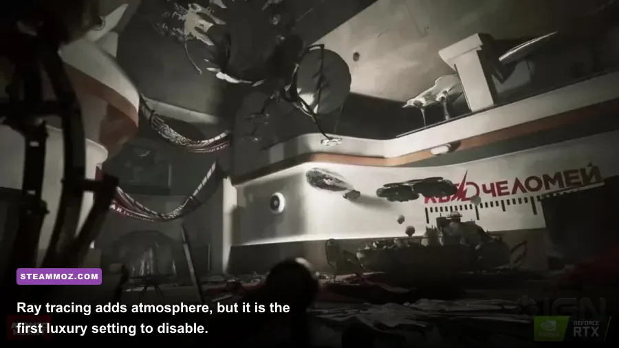 Atomic Heart Vavilov Complex corridor with ray-traced reflections and dramatic lighting