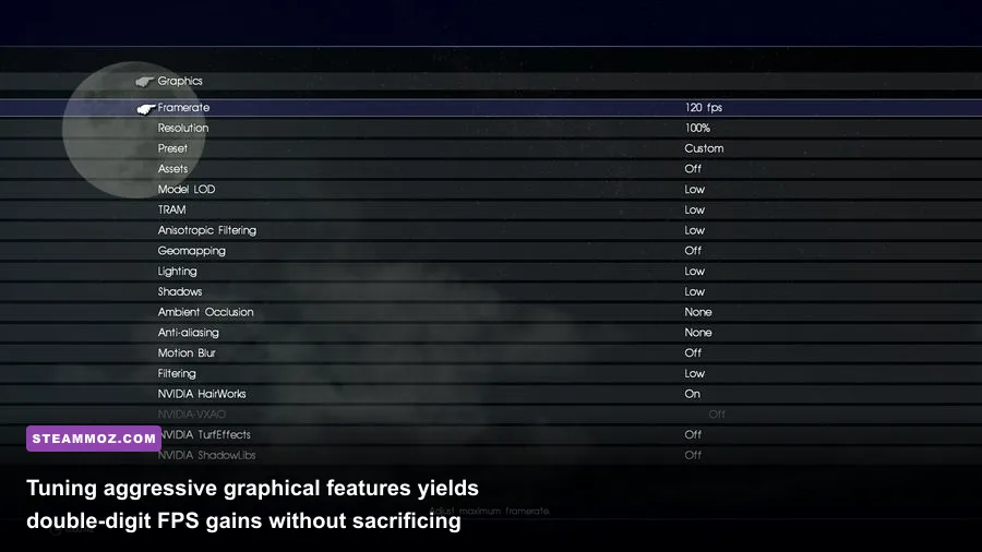 In-game graphics options menu showing screen space reflections and shadow quality