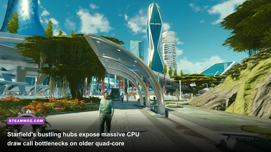 Starfield New Atlantis cityscape showing heavy CPU and memory load