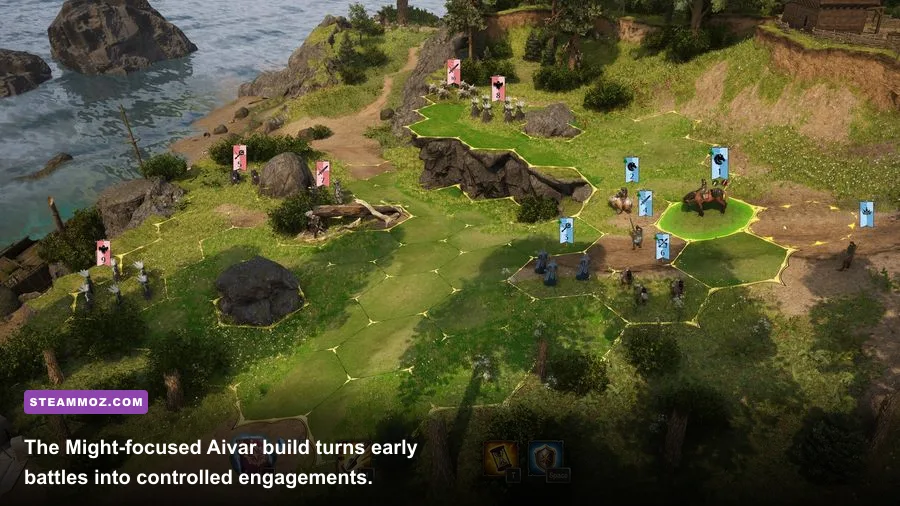 Aivar commanding an army during a tactical battle in King's Bounty II