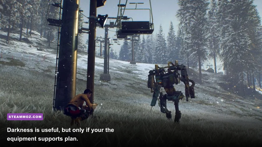 Generation Zero Alpine Unrest player using stealth and equipment against machines at night