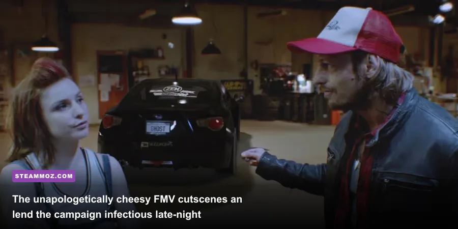 Live action cast interacting with customized digital car in Need for Speed cutscene