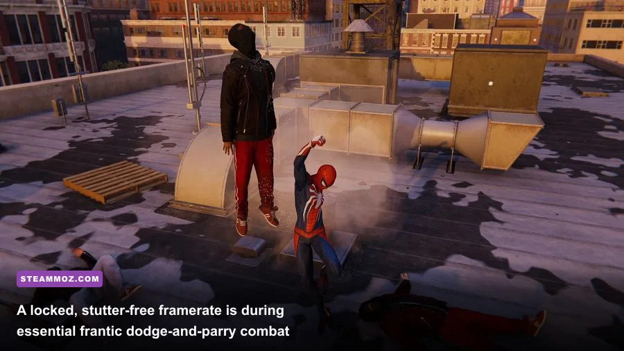 Spider-Man executing a fast-paced combat takedown on a Manhattan rooftop