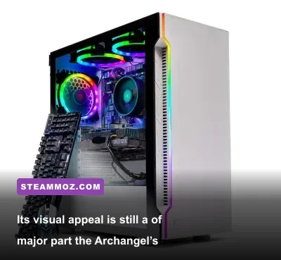 Skytech Archangel RGB gaming PC on a desk running a modern PC game