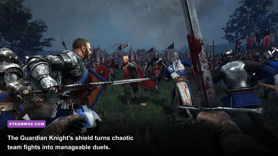 Chivalry 2 Guardian Knight using a sword and shield during an objective battle