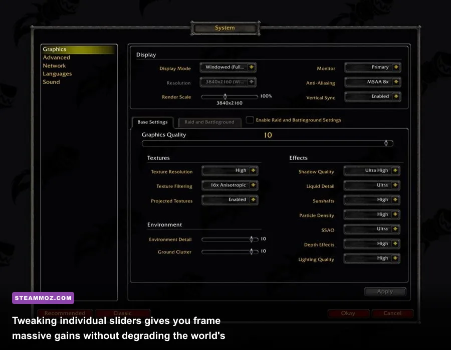 In-game graphics options menu in World of Warcraft showing shadow and particle sliders