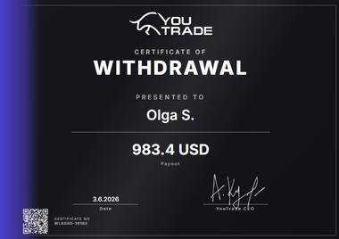 Сертификат выплаты $983 от 03.06.2026, Olga S.