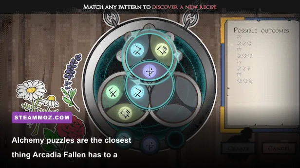 Arcadia Fallen alchemy puzzle gameplay in Anja workshop