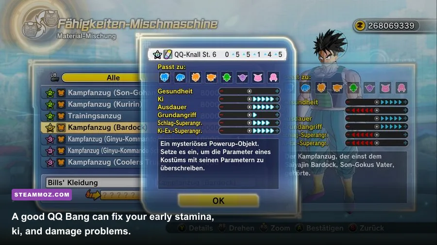 Dragon Ball Xenoverse 2 QQ Bang mixing menu with clothing and mixing items
