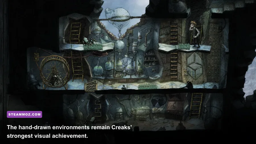 Creaks hand-drawn underground architecture with lamps and wooden platforms