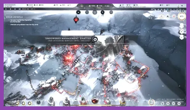 Frostpunk 2 UI showing housing districts and heat towers