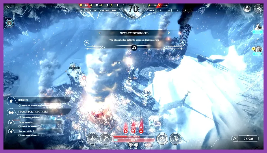 Frostpunk 2 user interface showing disease heat and trust metrics